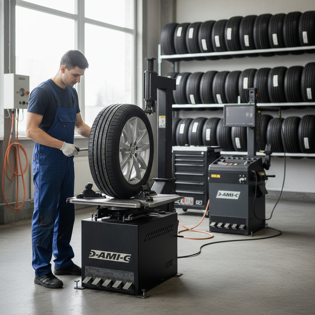 Techniker montiert Reifen in moderner Werkstatt